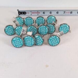 Lot Turquoise White Silver Criss Cross Drawer Pulls Cabinet Knobs w/ Screws 14PC